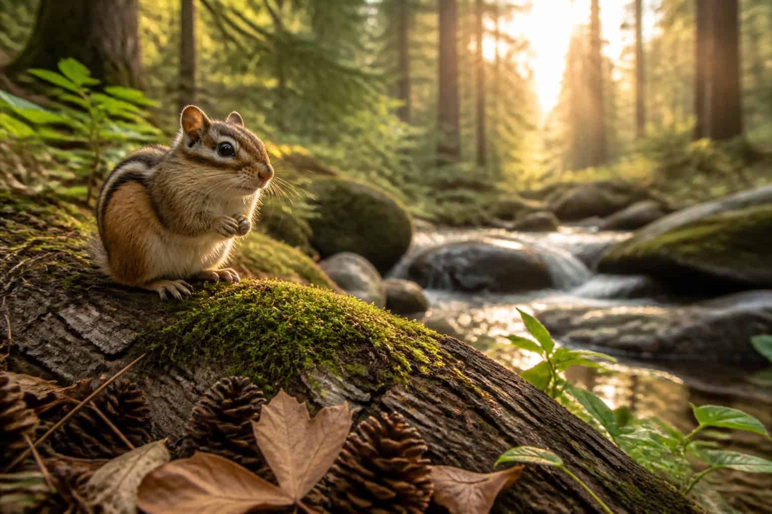 A chipmunk sitting on a mossy log in a forest with trees and foliage around it.