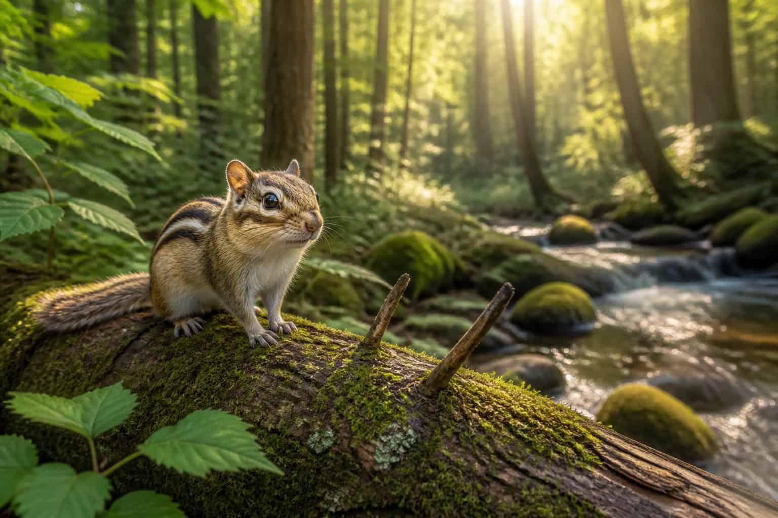 A chipmunk sitting on a mossy log in a forest with sunlight filtering through trees and a stream in the background.