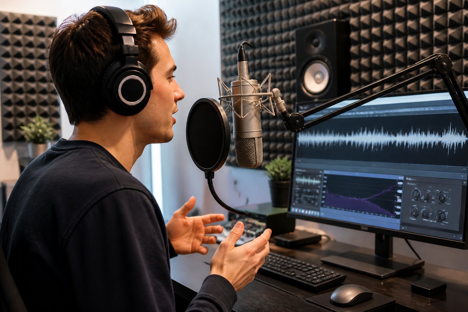 A person wearing headphones speaking into a microphone in a recording studio with audio equipment and computer screen.
