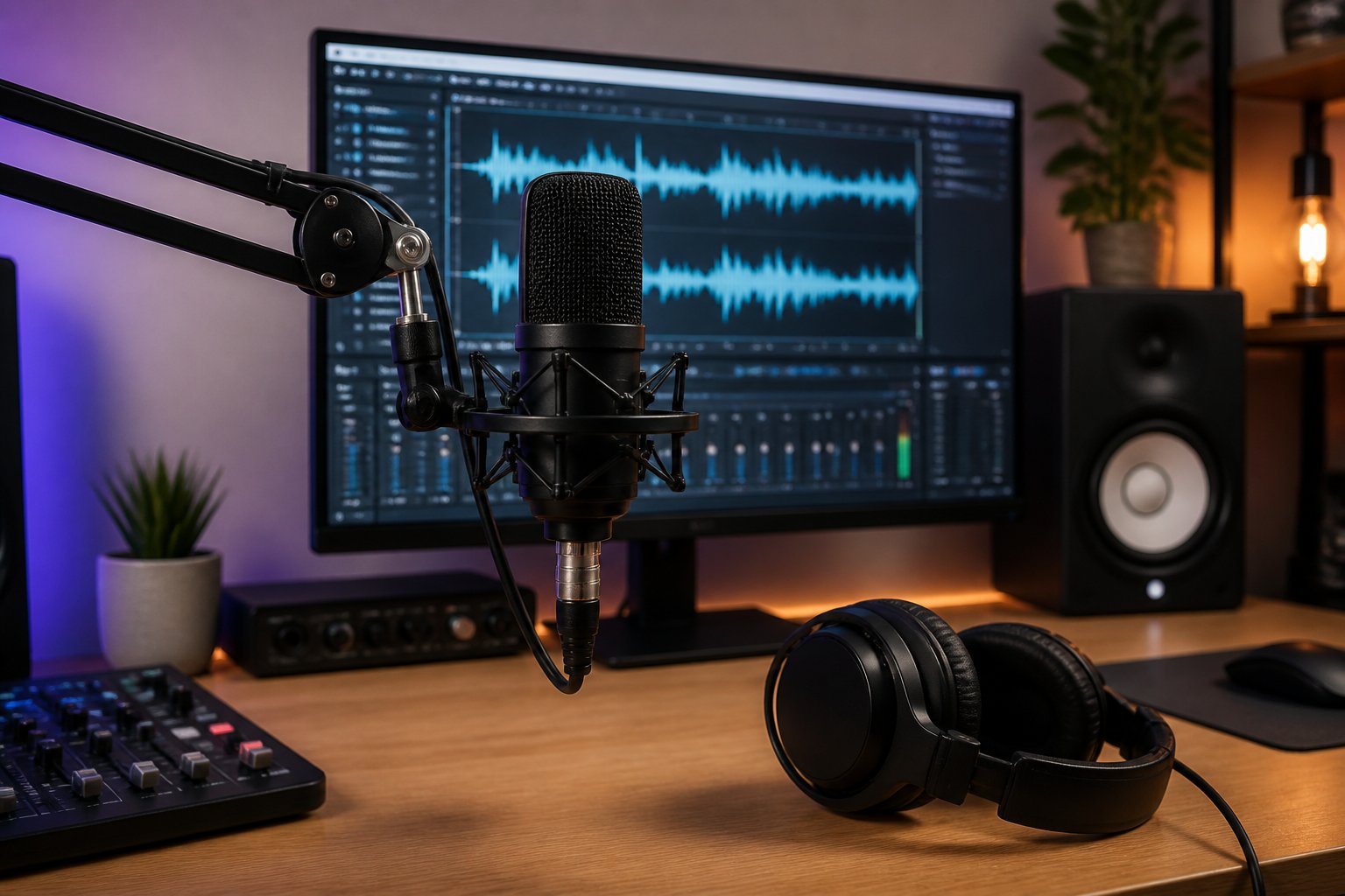A home recording setup with a microphone, computer monitor showing audio software, and headphones on a desk.