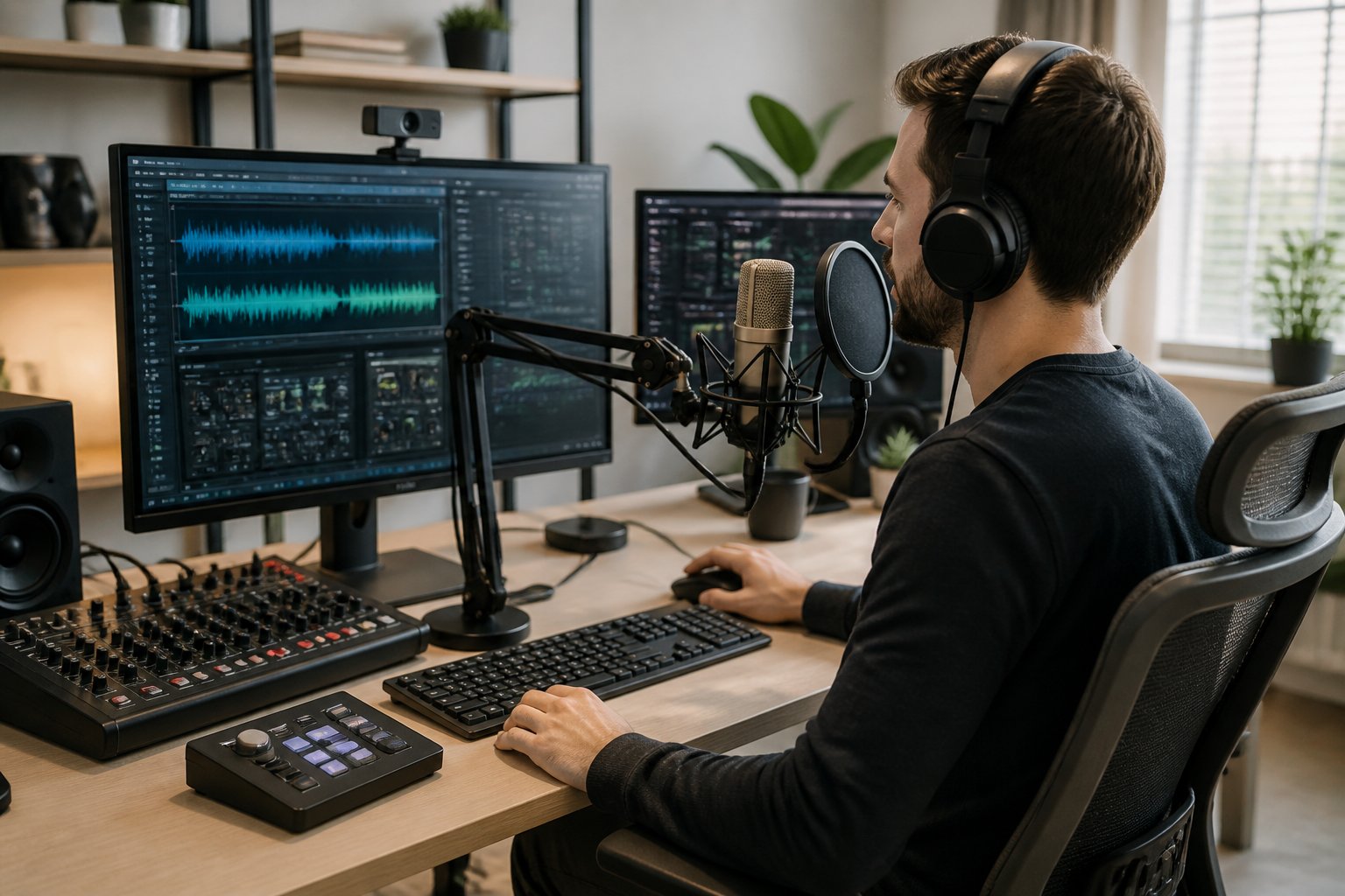 Person using audio equipment and software at a desk to create a chipmunk voice effect.