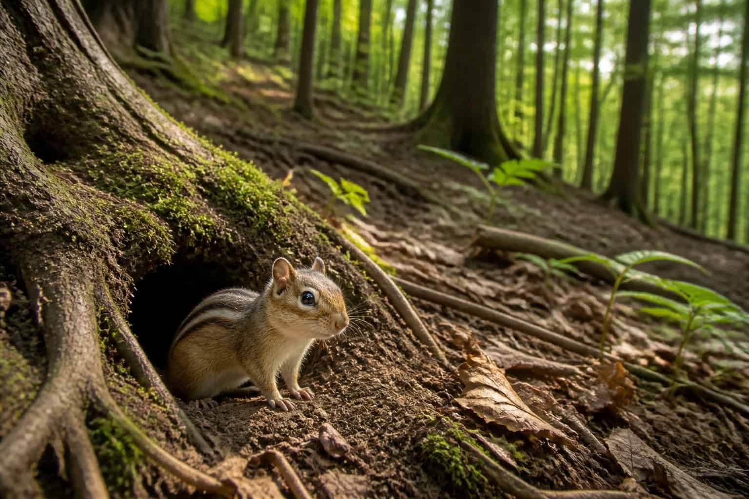 A chipmunk standing at the entrance of its burrow in a forest with trees and fallen leaves around.