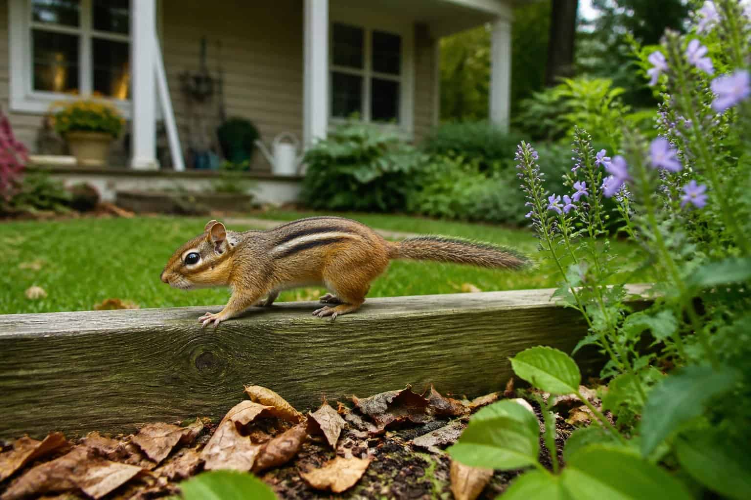 A chipmunk running along a wooden fence in a green backyard with a house in the background.