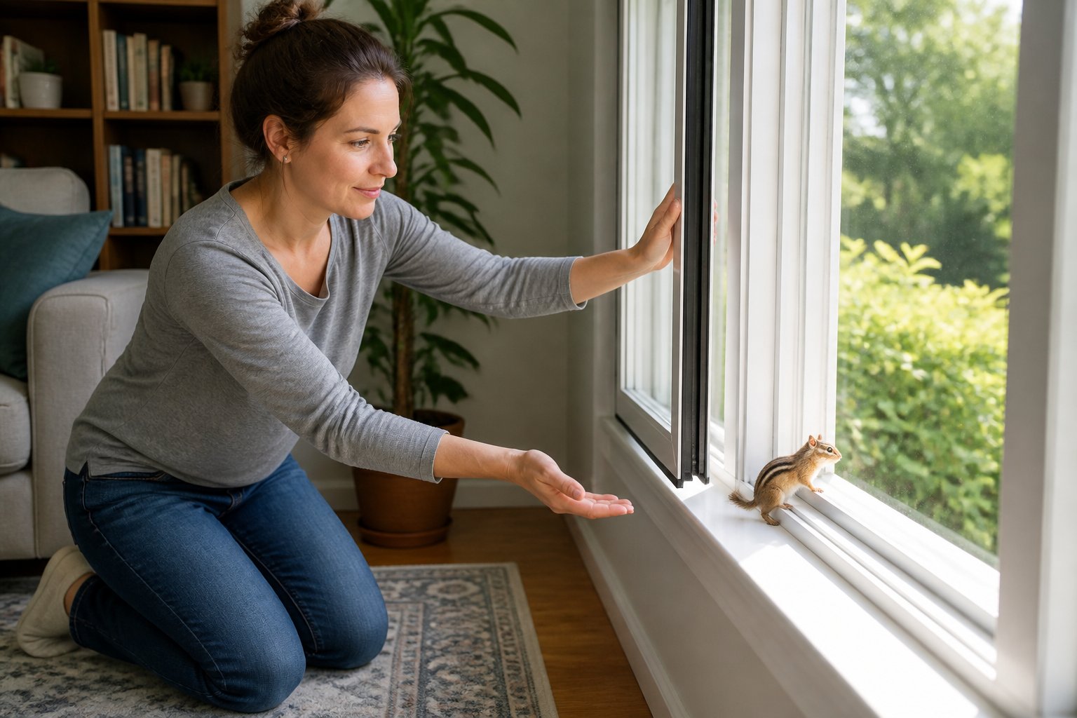 A person opening a window in a living room to help a chipmunk leave the house.