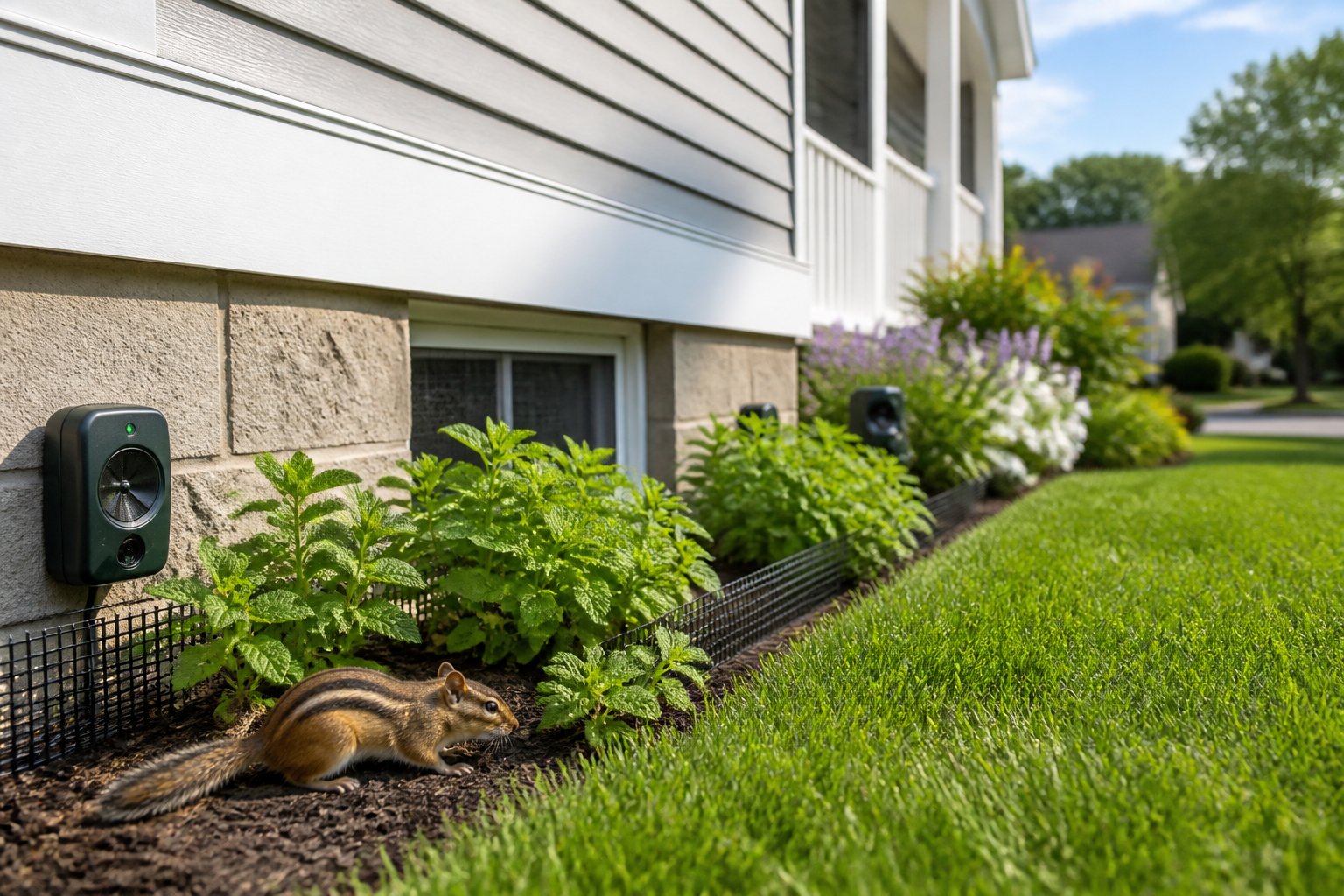 A chipmunk near the base of a house is gently deterred by natural plants and small barriers in a peaceful garden setting.