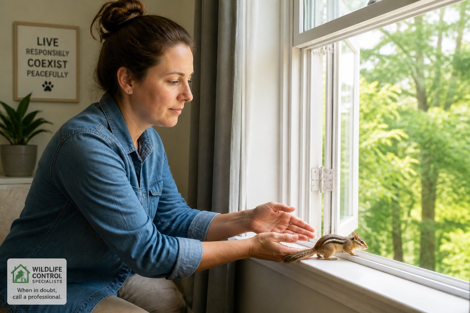A person gently guiding a chipmunk towards an open window in a bright living room to release it outside safely.