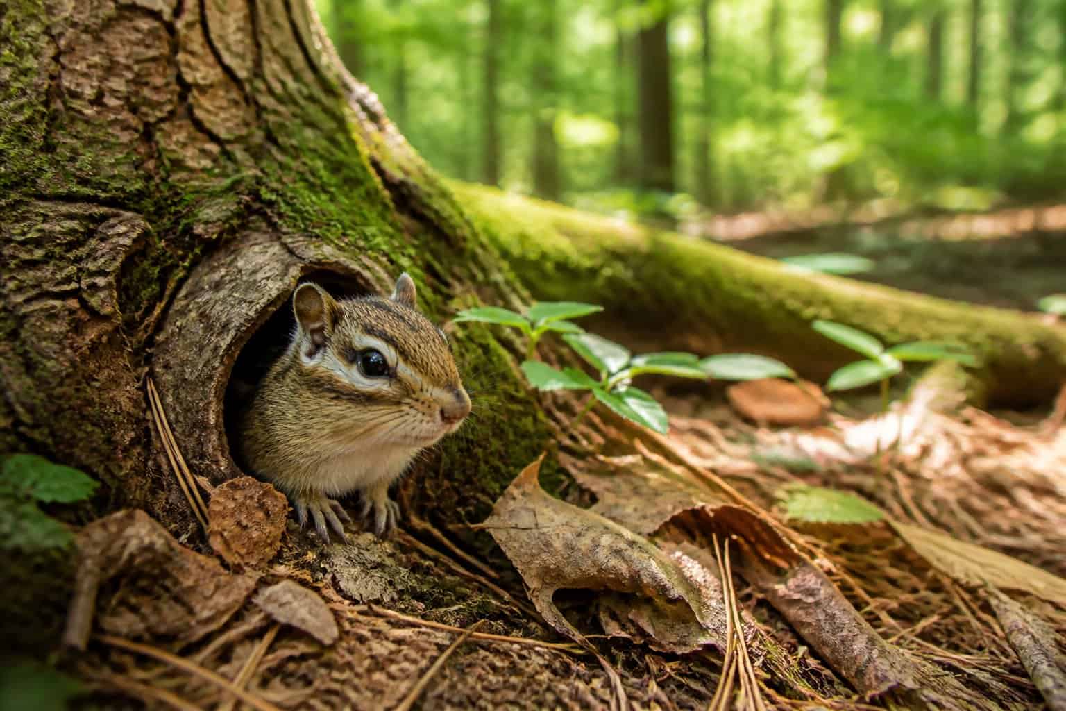 A chipmunk peeking out of its burrow in a forest floor surrounded by leaves and plants.