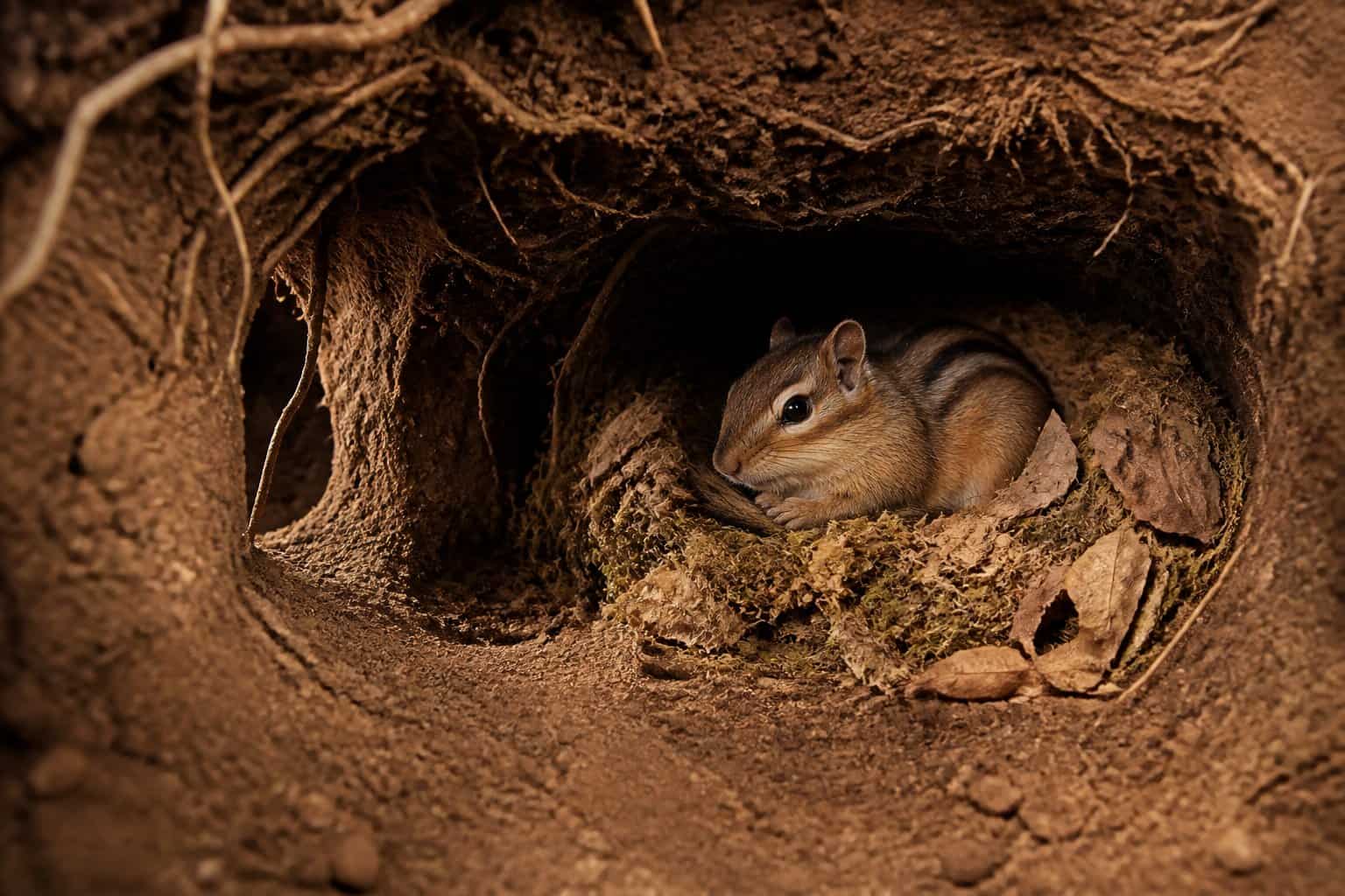 Inside view of a chipmunk burrow showing a chipmunk resting in a cozy underground chamber surrounded by soil and natural materials.