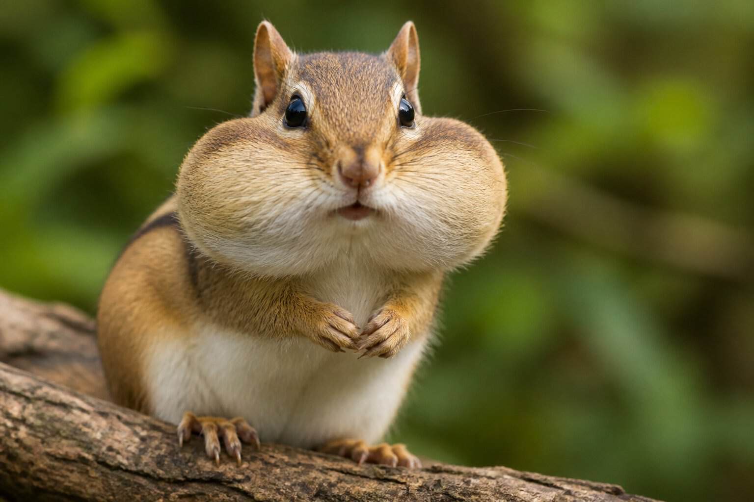 Close-up of a chipmunk with puffed cheeks sitting on a branch in a forest.