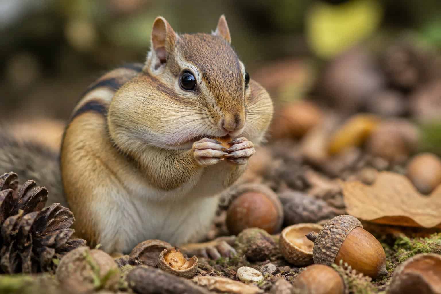 Close-up of a chipmunk filling its cheek pouches with nuts in a forest setting.