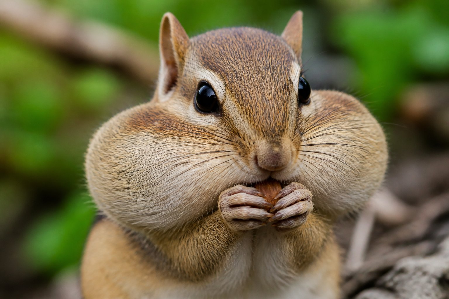 Close-up of a chipmunk with puffed cheeks holding a nut in its paws, surrounded by natural green foliage.