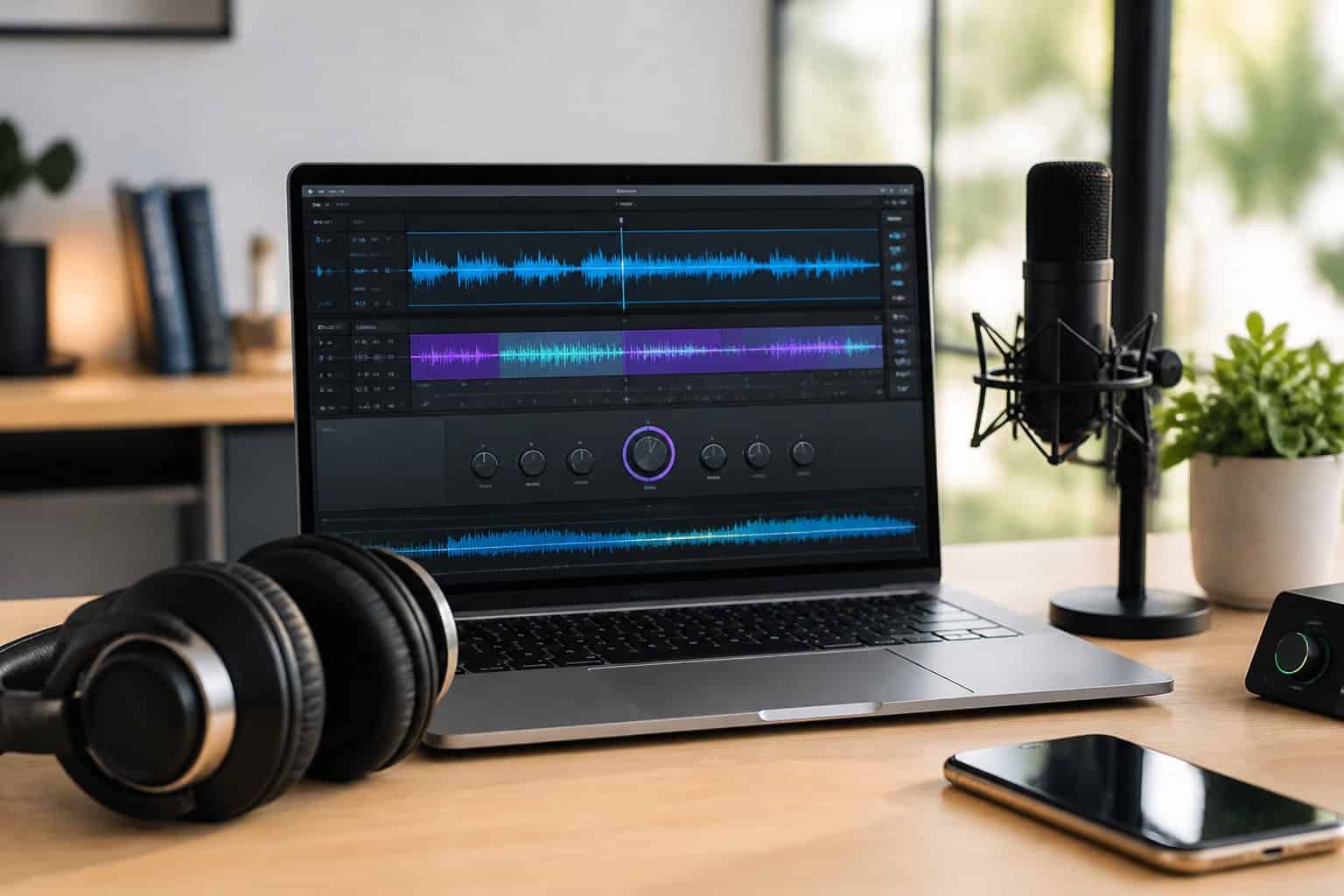 A modern workspace with a laptop showing audio editing software, headphones on the desk, and audio equipment nearby.