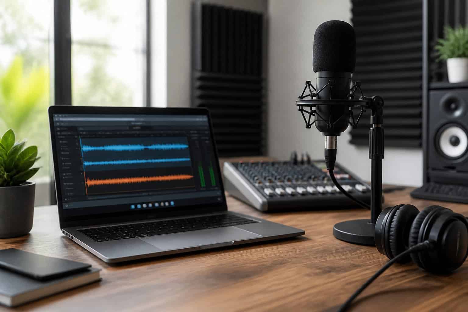 A modern home studio workspace with a laptop, microphone, headphones, and soundproof panels.