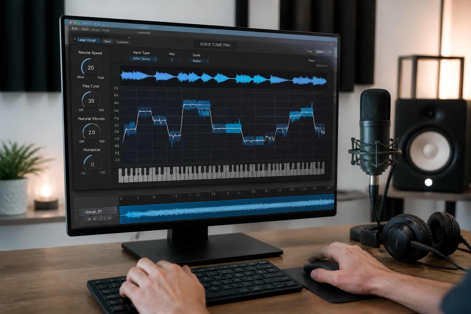 A person working on a computer with audio editing software open, surrounded by a microphone and headphones on a clean desk.