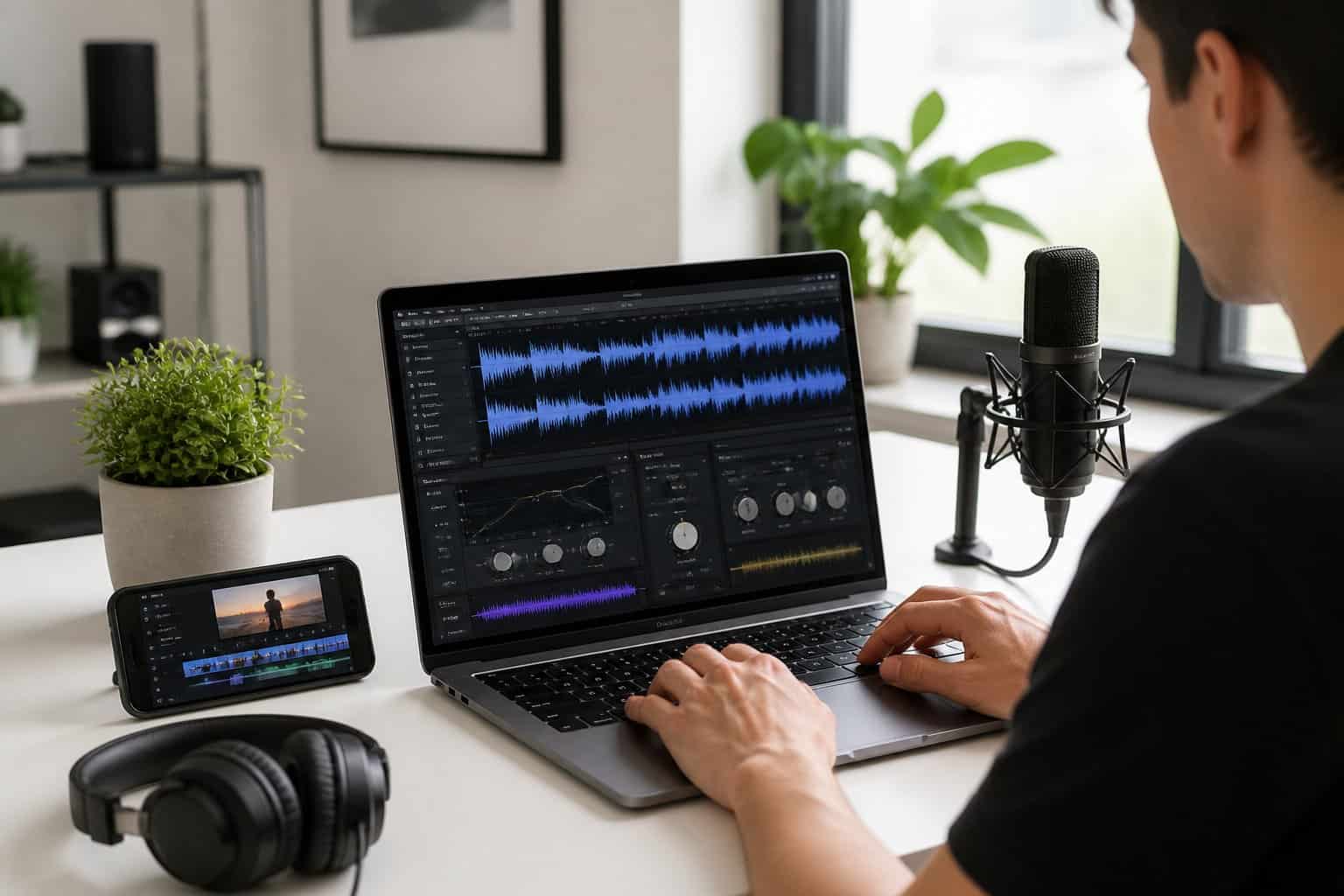 A person working on a laptop with audio editing software, surrounded by headphones and a microphone in a bright workspace.