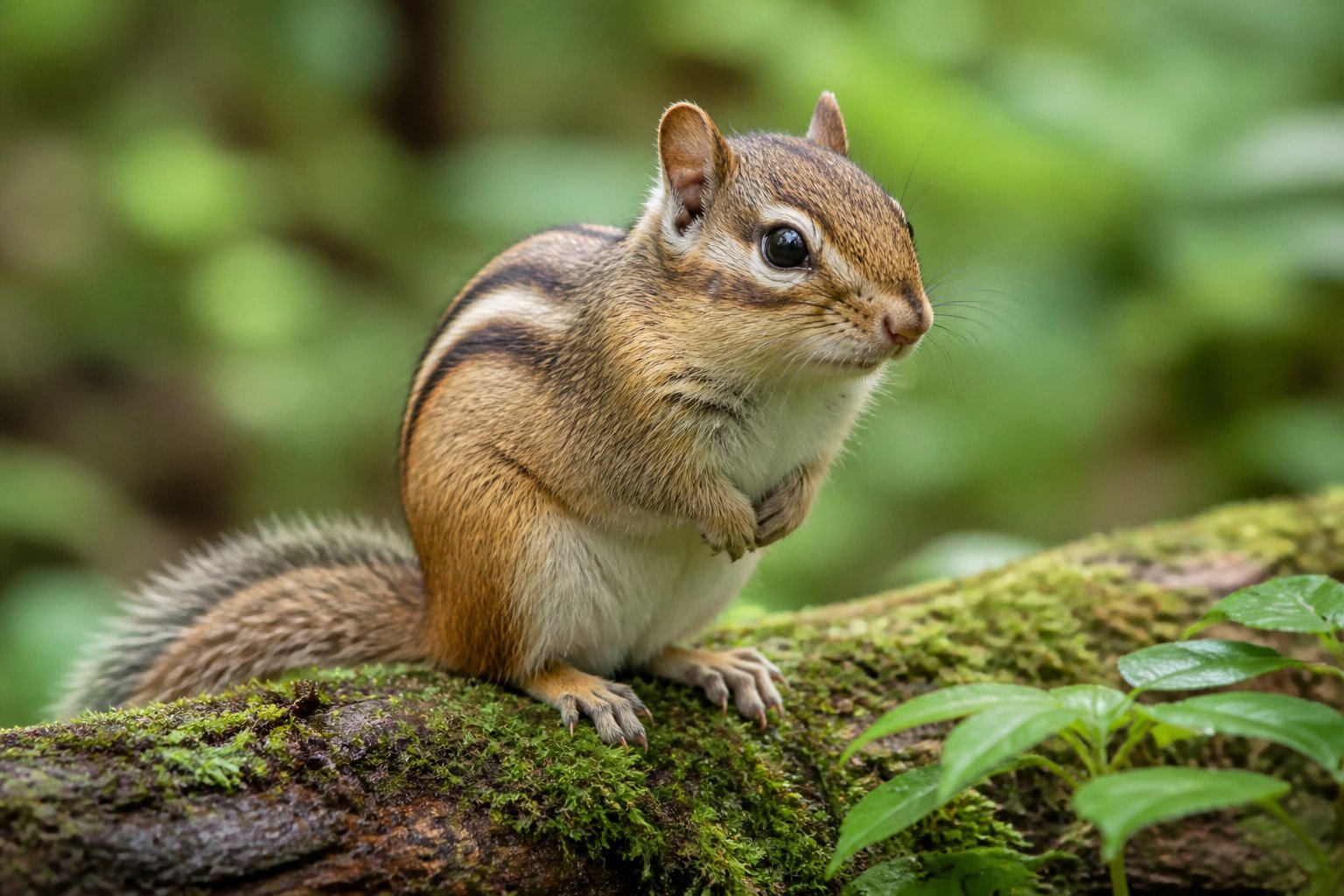 A chipmunk sitting on a mossy tree branch in a green forest.