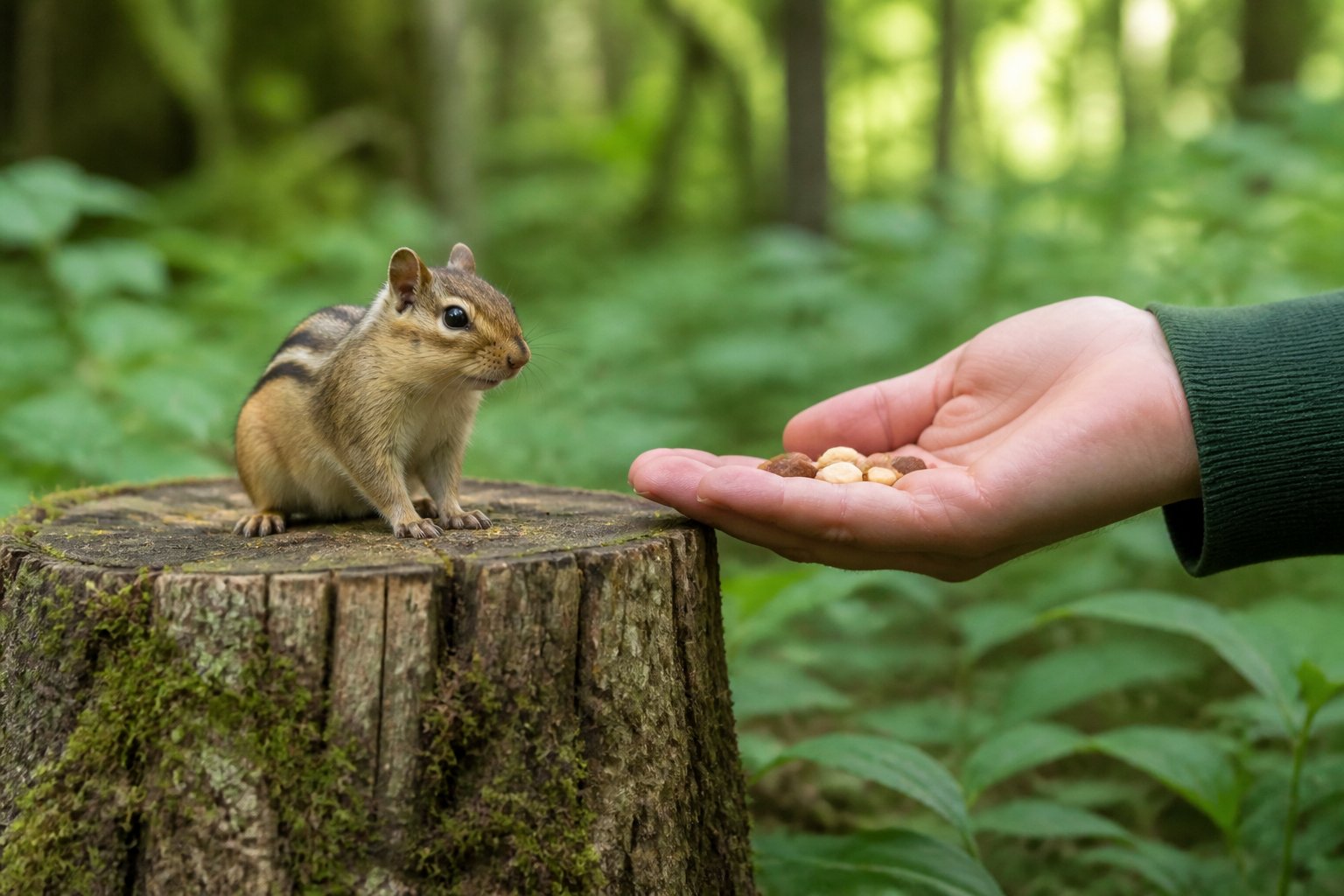 A person offering nuts to a chipmunk sitting on a tree stump in a forest setting.