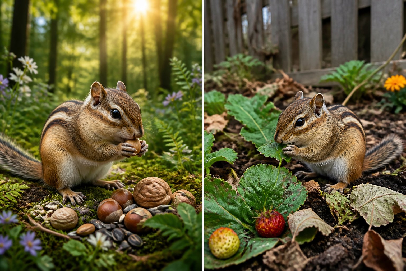 A chipmunk gathering seeds in a forest on one side and a chipmunk causing damage in a garden on the other side.