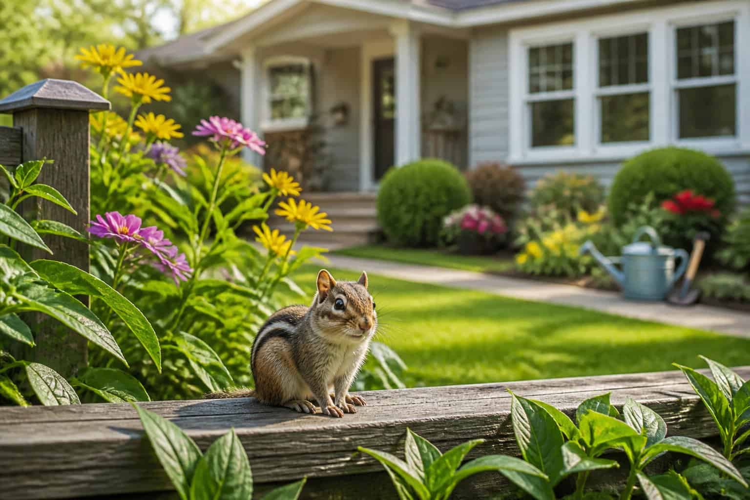 A chipmunk sitting on a garden fence in front of a suburban house with green plants and flowers.