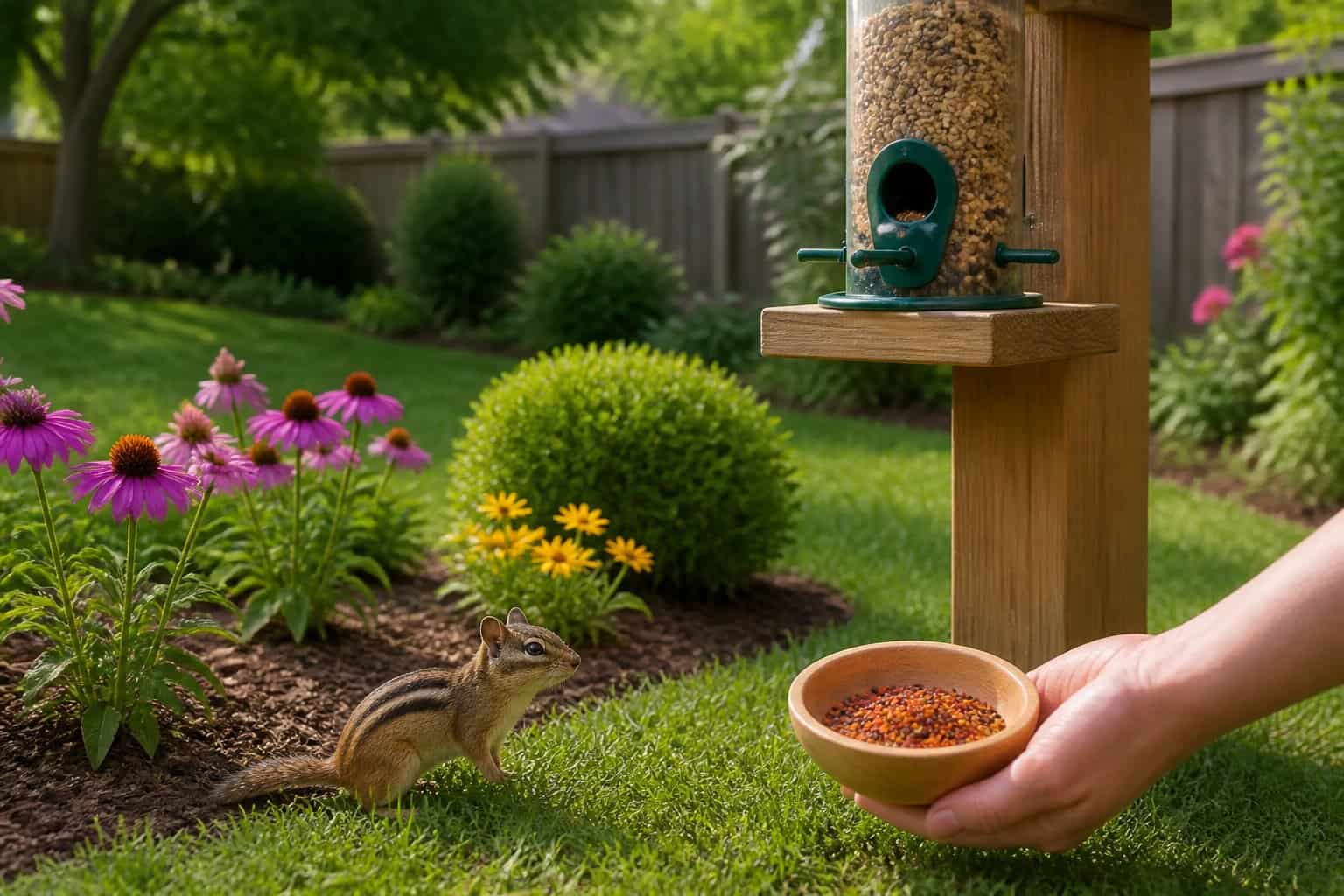A chipmunk near a bird feeder in a garden with a human hand holding natural deterrents nearby.