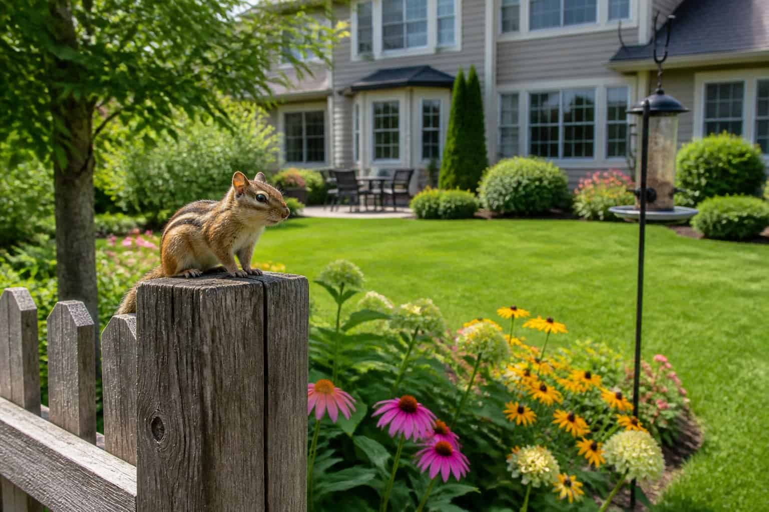 A chipmunk sitting on a wooden fence post in a green backyard with flowers and a house in the background.