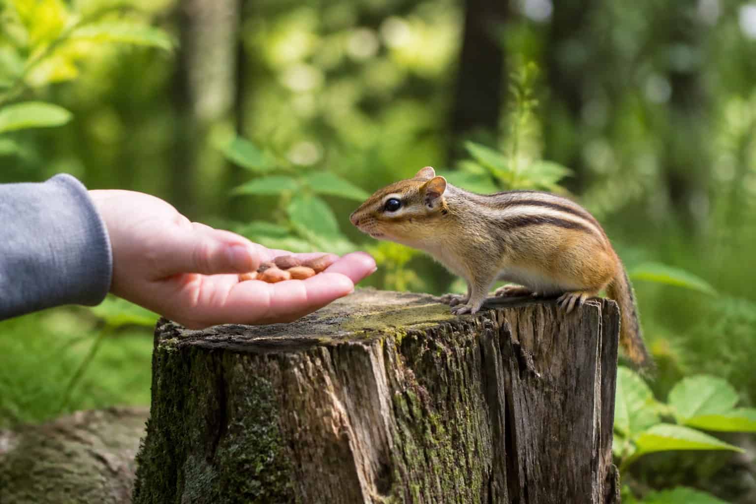 A person gently feeding a chipmunk outdoors on a tree stump surrounded by green plants.