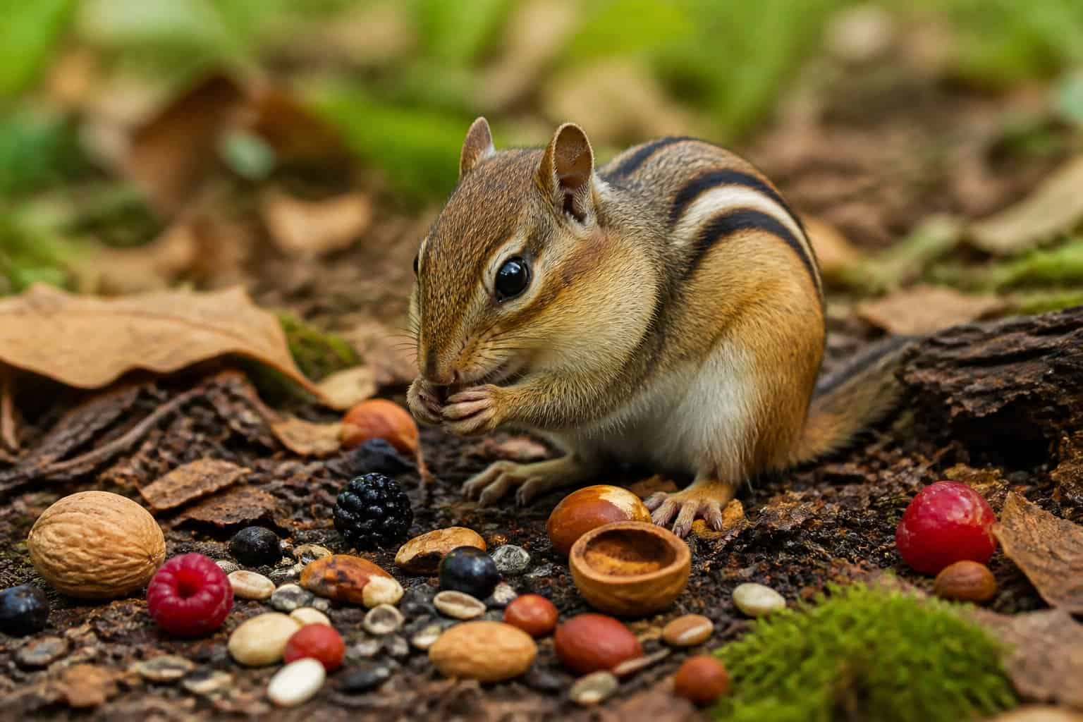 A chipmunk foraging on the forest floor surrounded by nuts, seeds, and berries in a natural woodland setting.