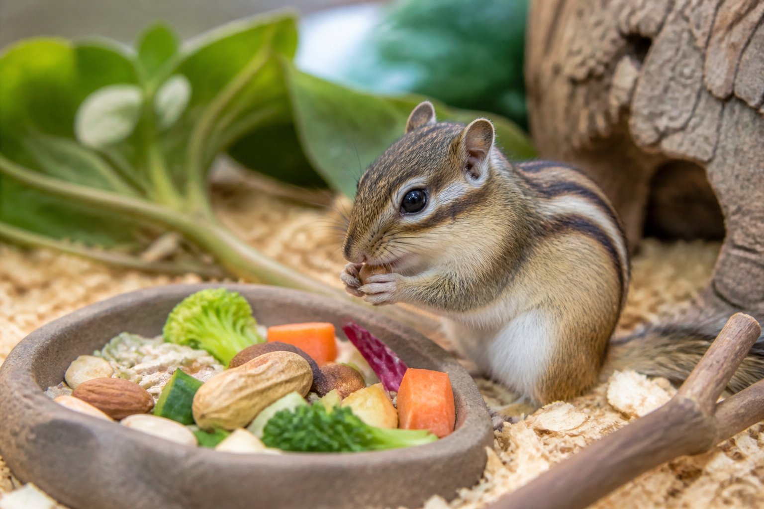 A chipmunk eating nuts and vegetables inside a clean enclosure with natural materials.