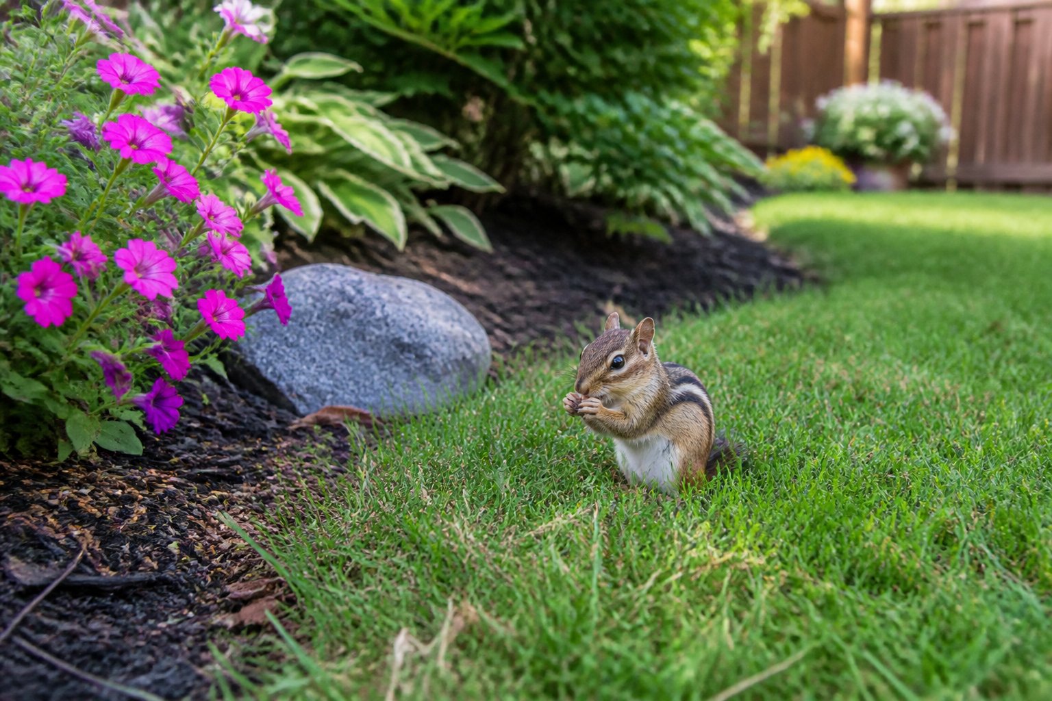 A chipmunk foraging near a garden in a suburban backyard with grass and a wooden fence.