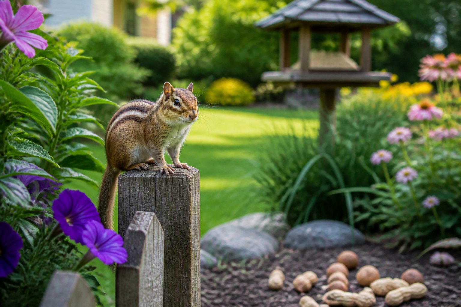 A chipmunk sitting on a wooden fence post in a green garden with plants and flowers around.