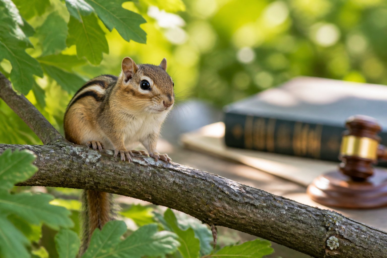 A chipmunk sitting on a tree branch in a green forest with a blurred legal book on a wooden table in the background.