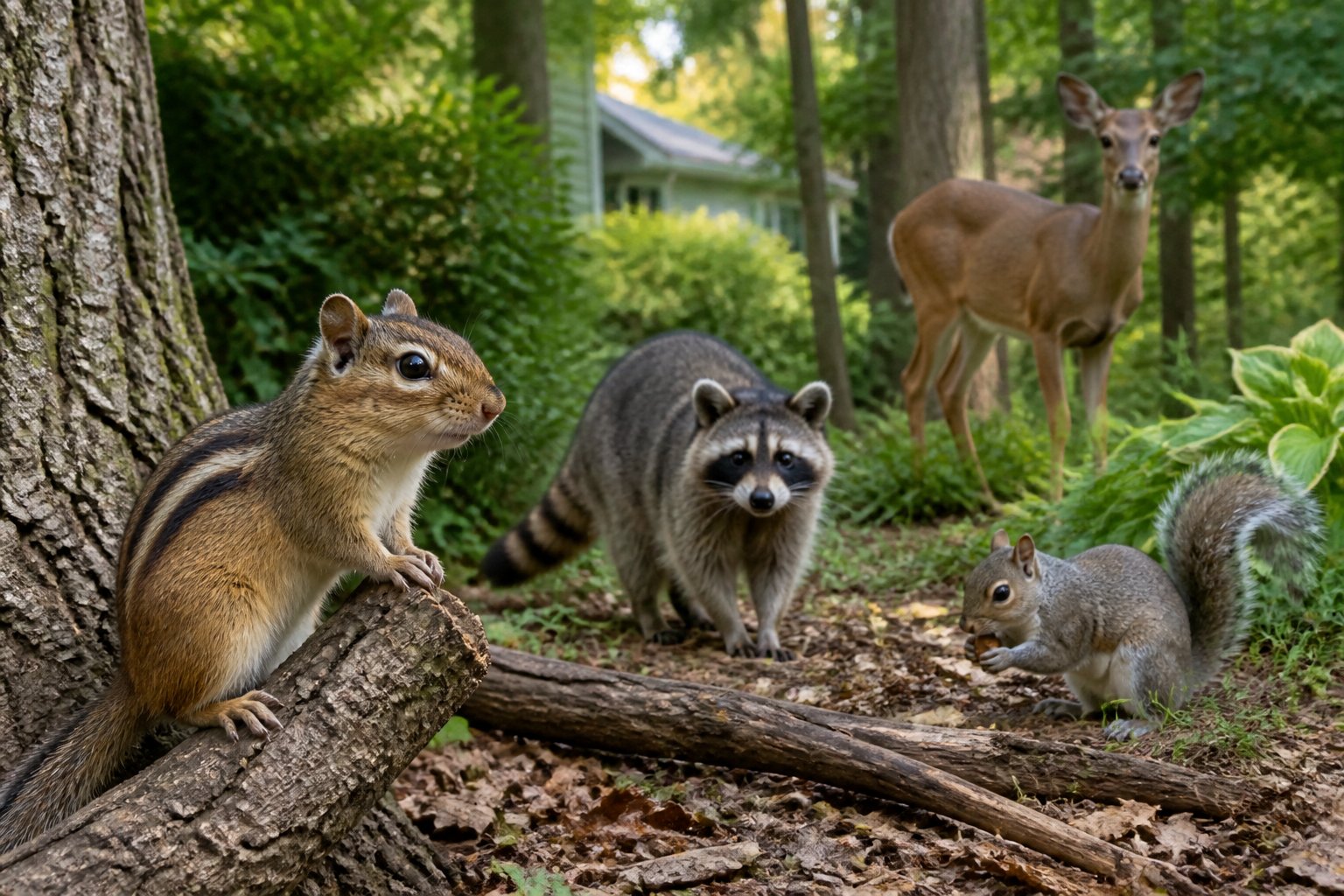 A chipmunk on a tree branch with raccoons, squirrels, and deer nearby in a wooded outdoor setting.
