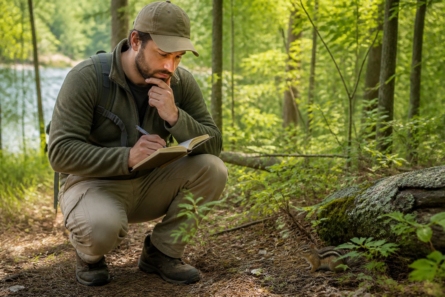 A person in a wooded area observing a chipmunk on the forest floor while taking notes.