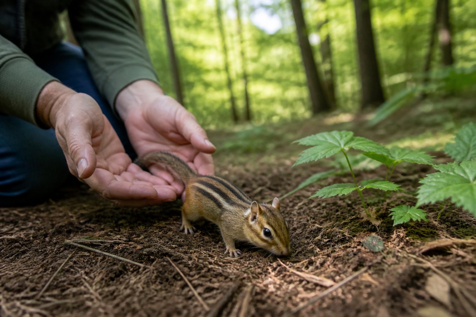 A person gently releasing a chipmunk into a green forest environment.