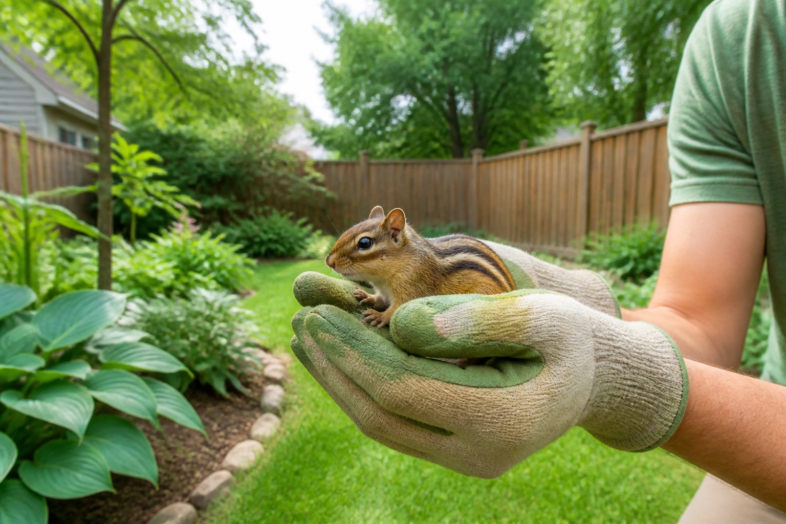A person gently holding a small chipmunk in a suburban backyard garden with trees and bushes.