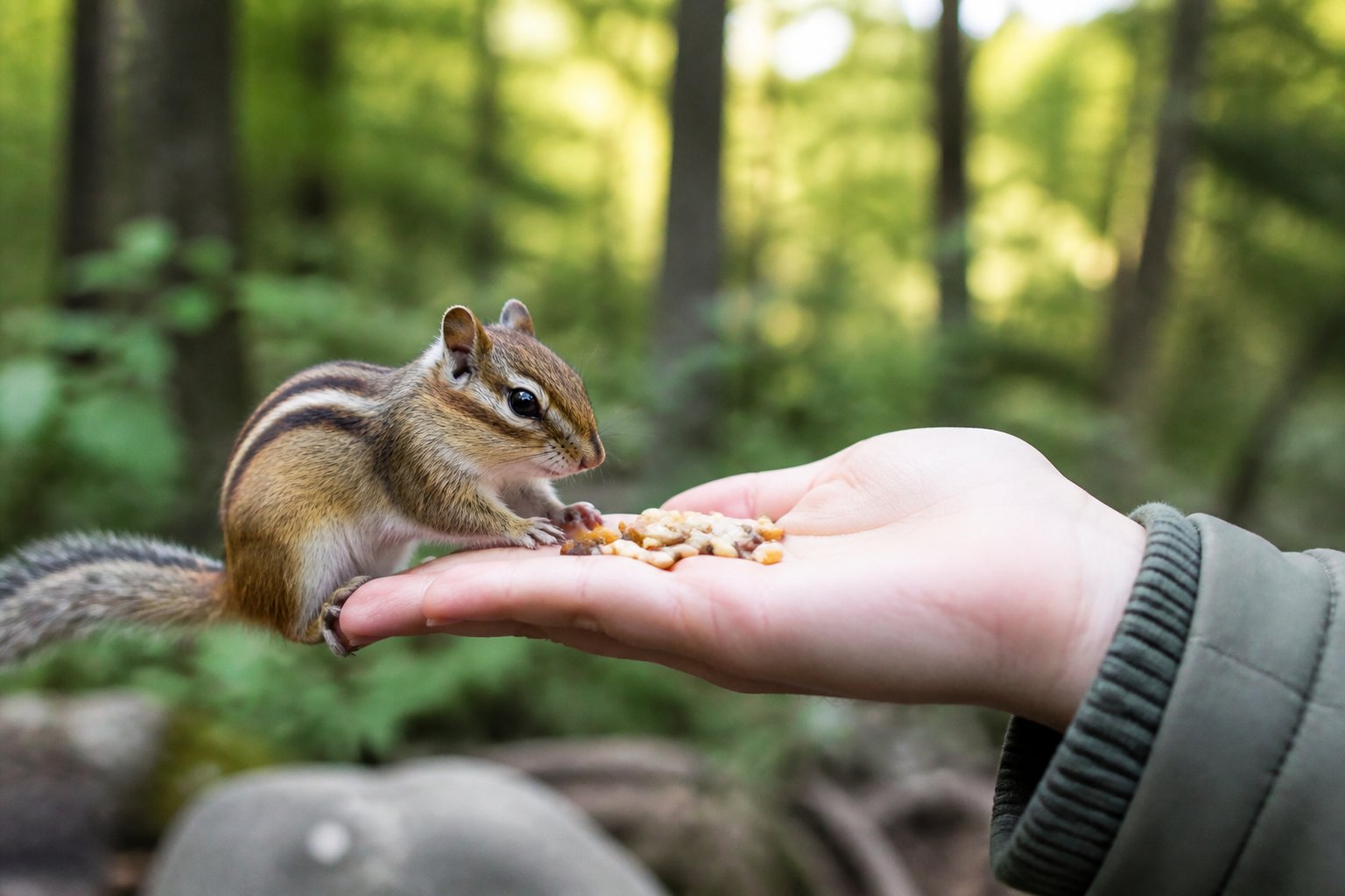 A person feeding a chipmunk in a green forest setting, with the chipmunk sitting calmly on the person's hand.