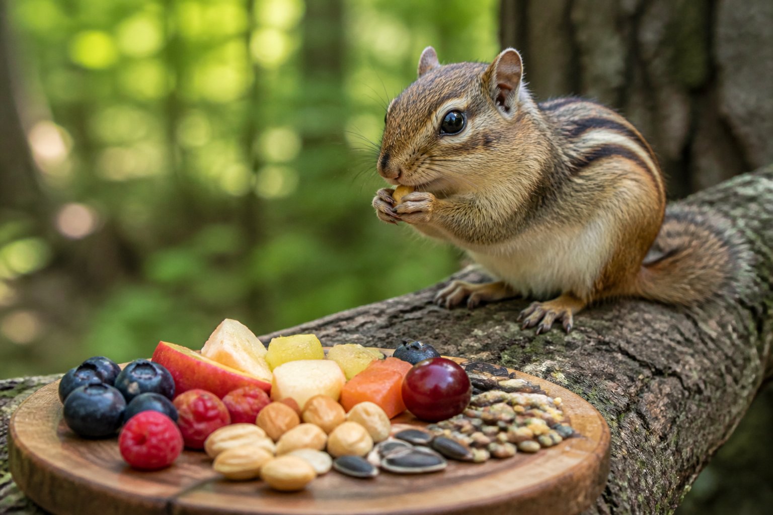 A chipmunk eating small nuts and berries on a tree branch in a forest setting.