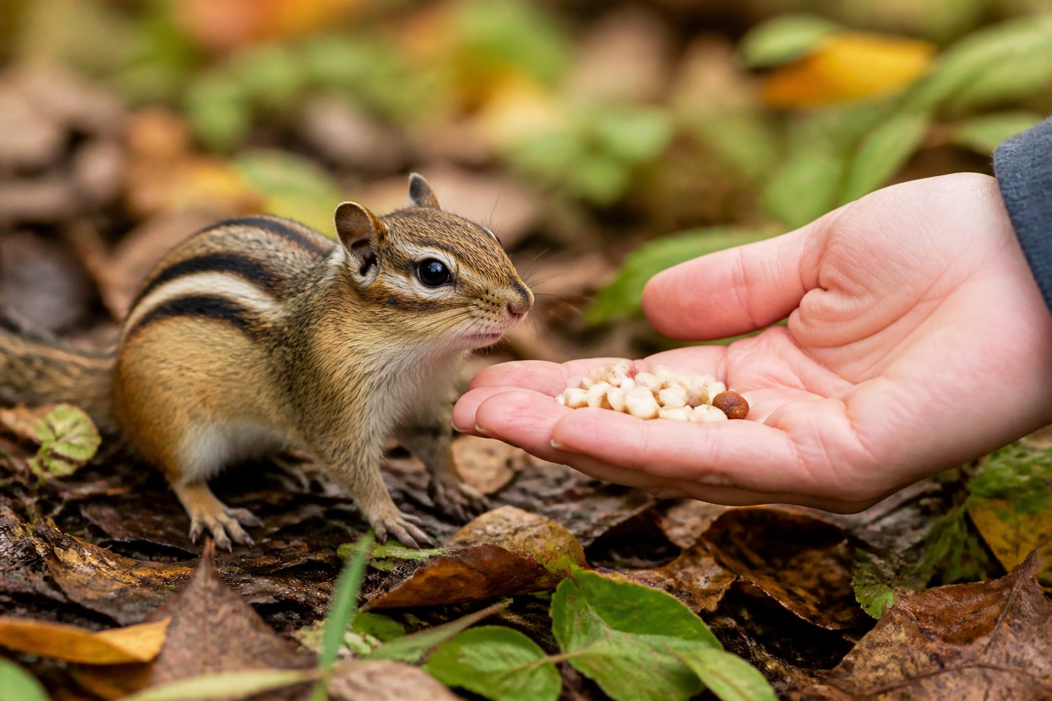 A chipmunk cautiously approaches a human hand offering nuts in a natural outdoor setting.