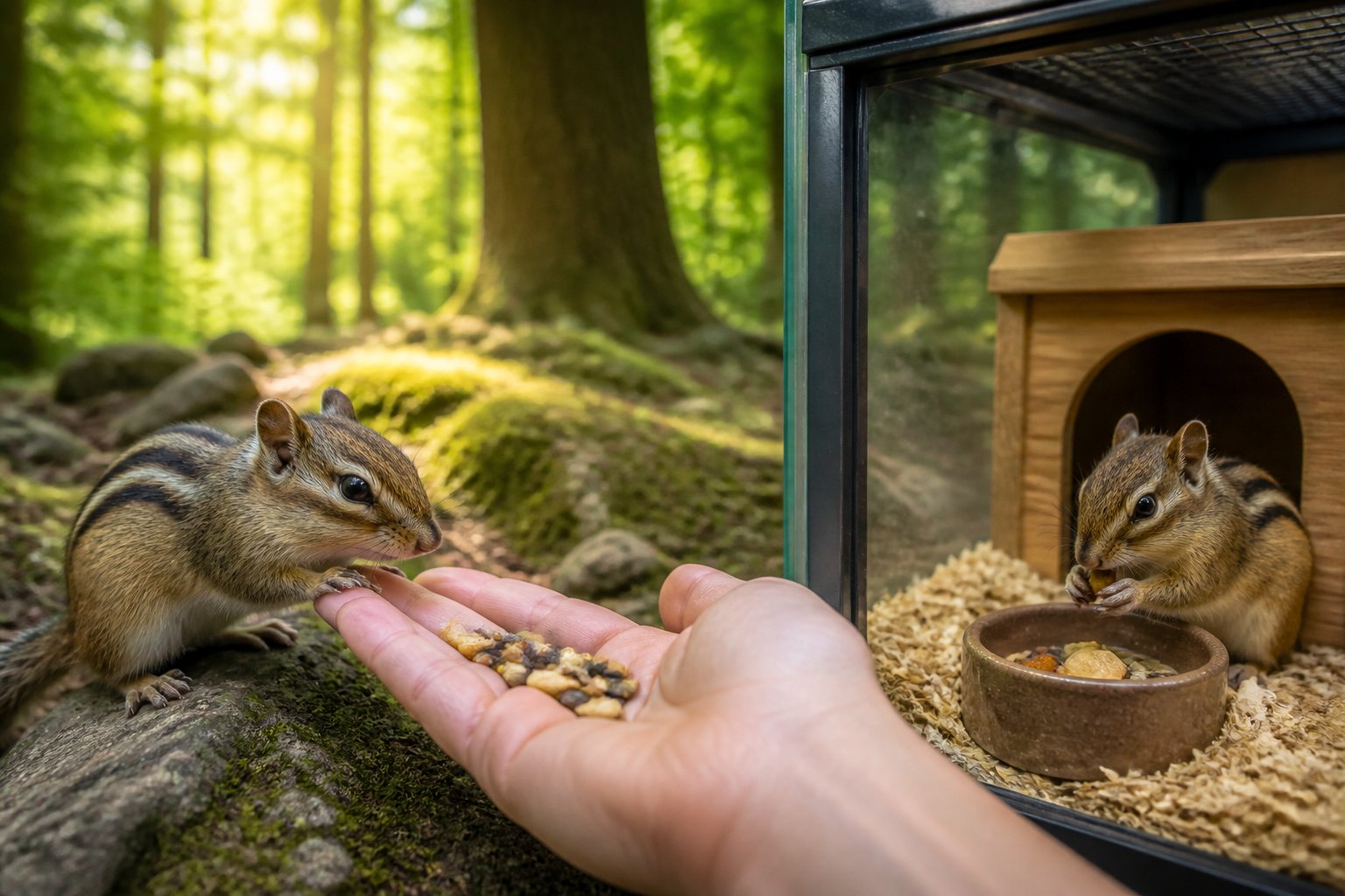 A person feeding a wild chipmunk in a forest setting with a captive chipmunk eating from a dish in an enclosure nearby.