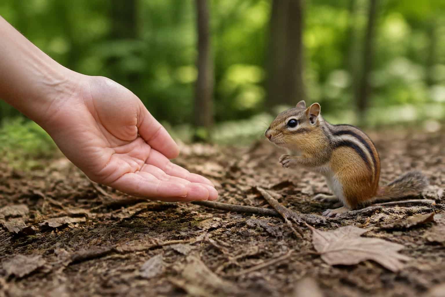 A person gently reaching out to a small chipmunk sitting on the forest floor surrounded by leaves.
