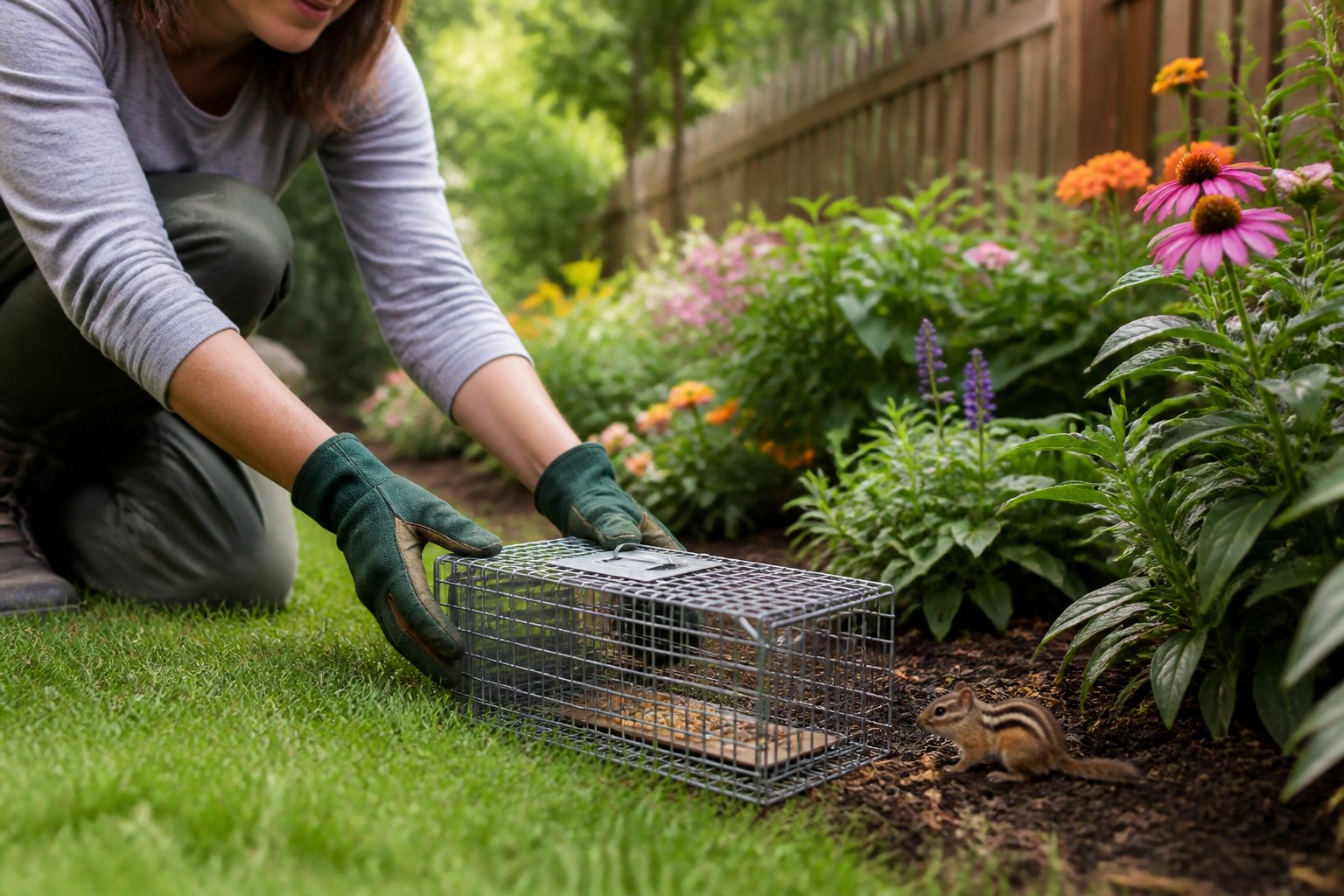 A person placing a small live animal trap baited with seeds in a garden surrounded by plants and flowers.