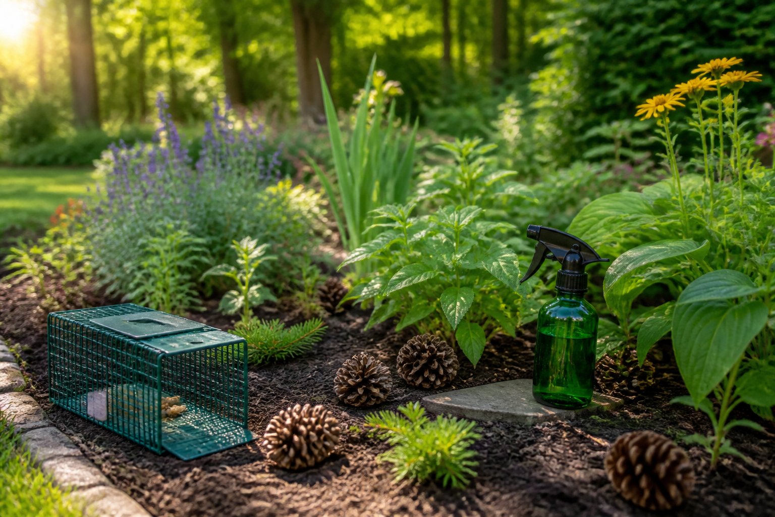 A garden scene showing natural and humane methods to deter chipmunks, including plants, pine cones, and small humane traps.