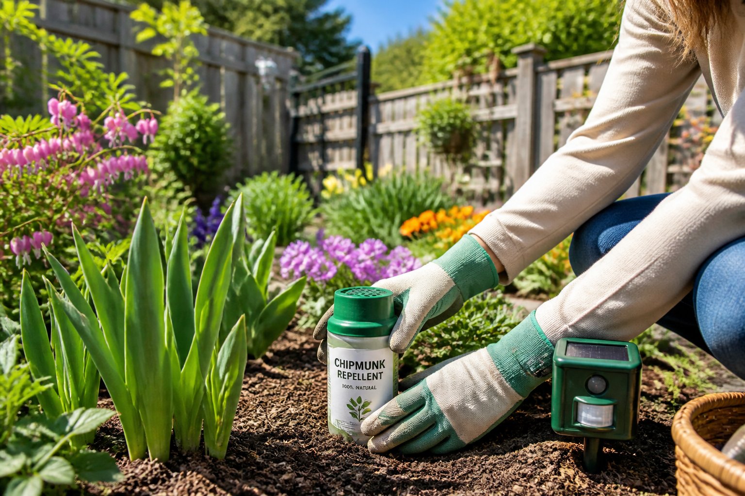 A person placing humane wildlife deterrents in a vibrant garden with flowers, bulbs, and wooden structures.