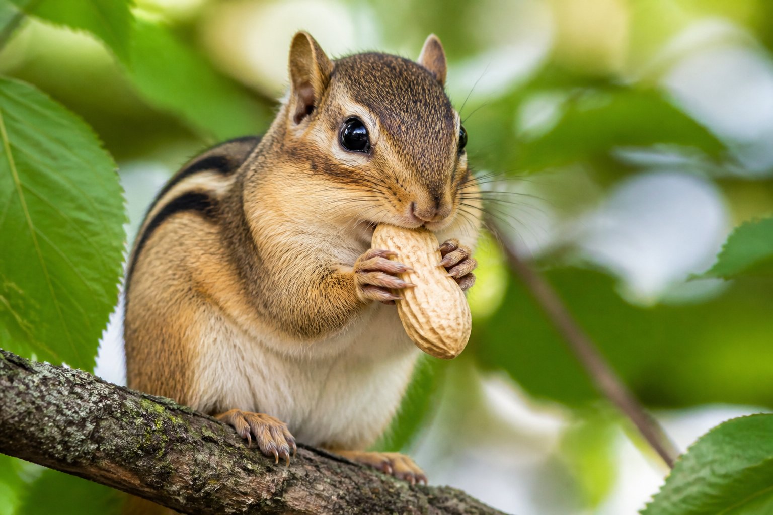 A chipmunk holding and eating a peanut while sitting on a tree branch in a forest.