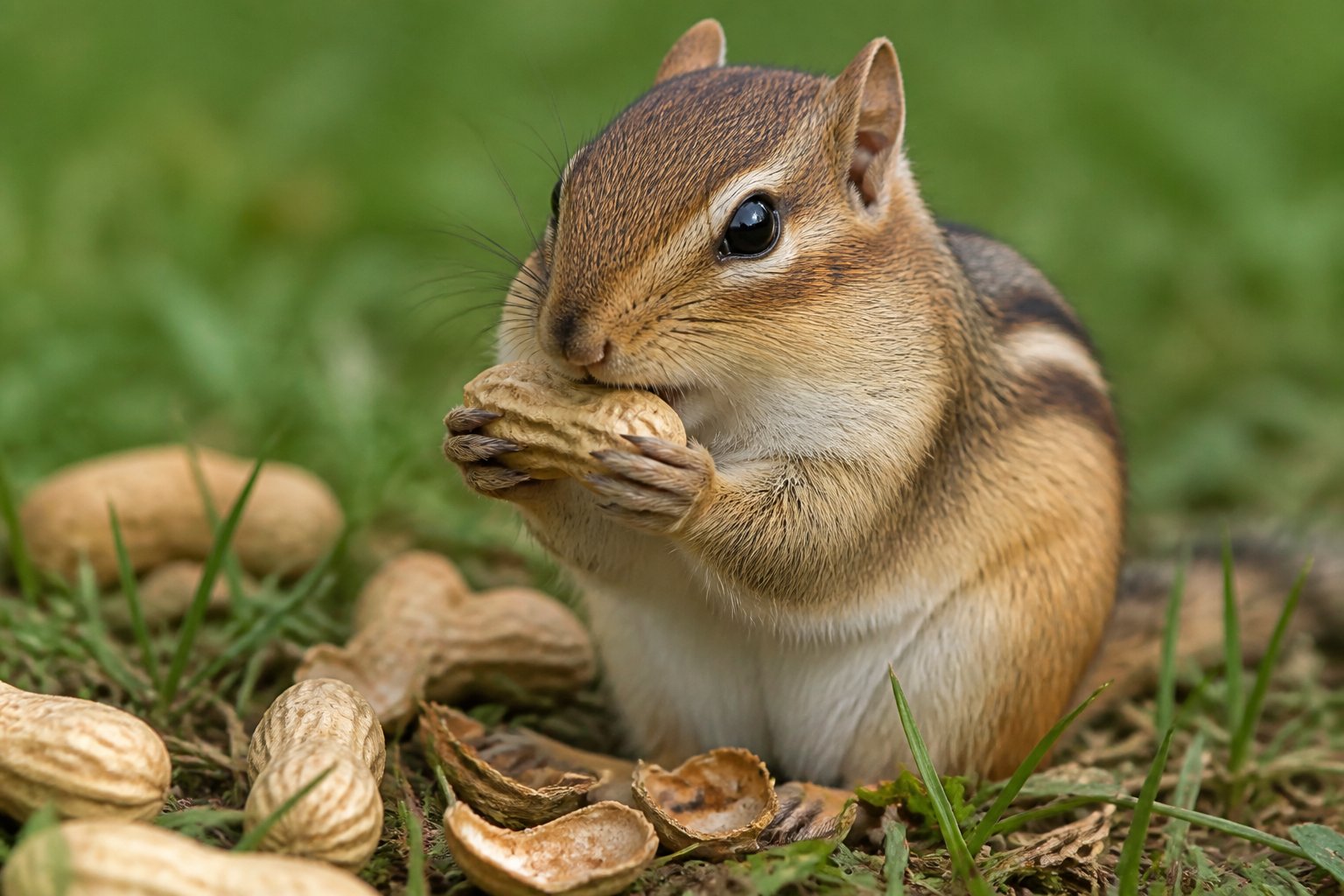 A chipmunk holding and eating a peanut outdoors among grass and peanut shells.