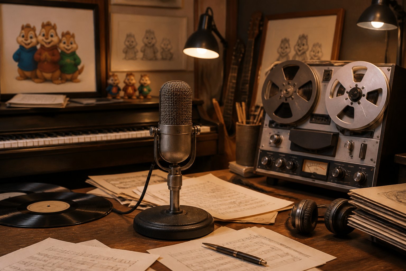 A vintage music studio setup with a microphone, recording equipment, vinyl records, and chipmunk figurines on a desk.