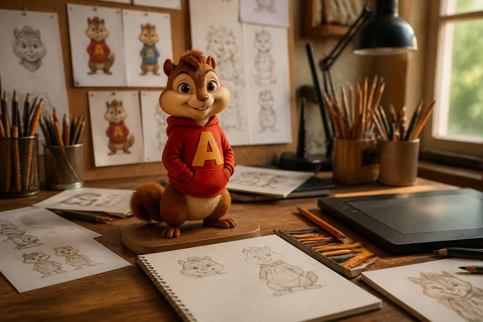 A workspace with a figurine of Alvin the Chipmunk surrounded by animation sketches, colored pencils, and drawing tools.