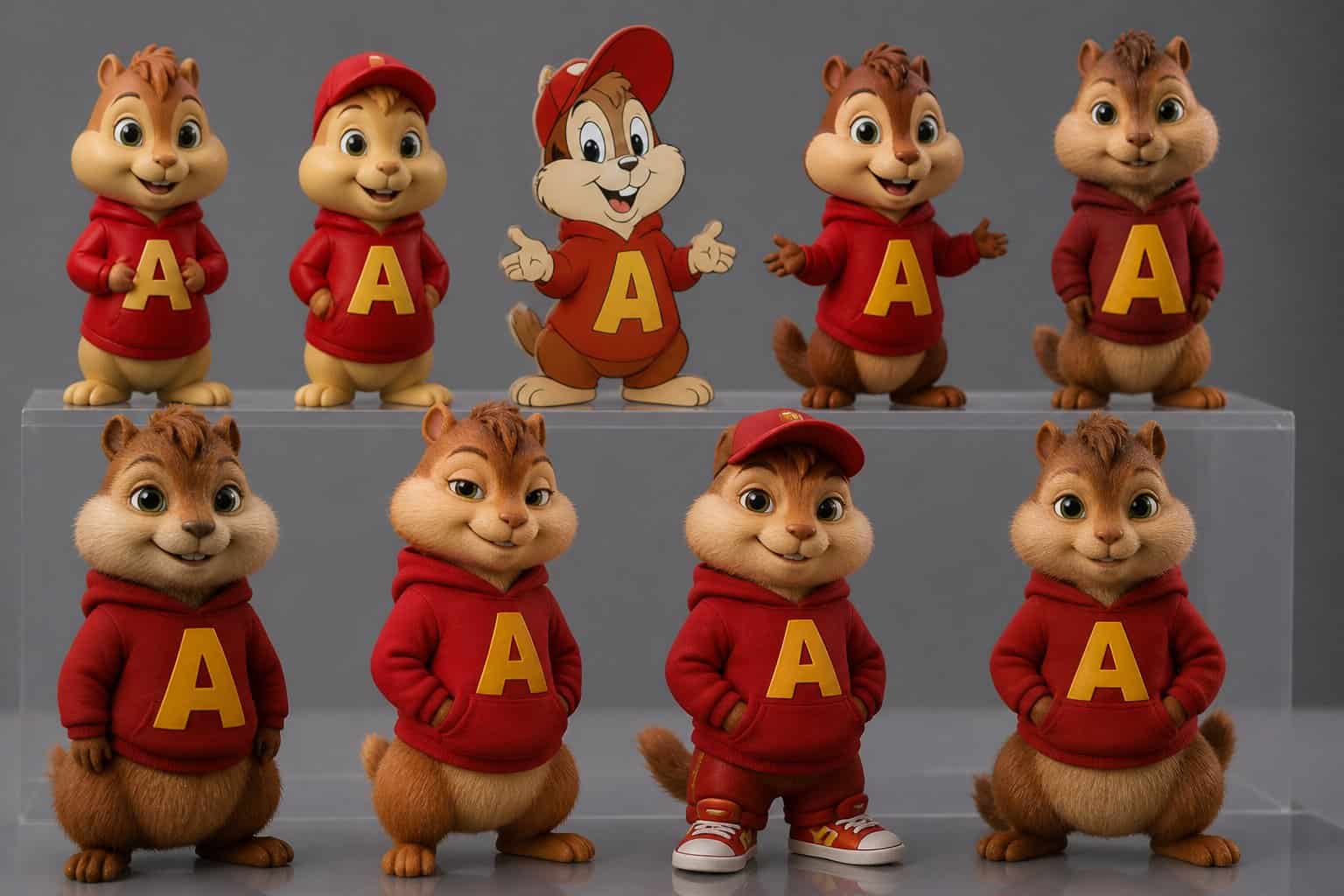 A display of several Alvin the Chipmunk character figures from different shows and films arranged side by side.