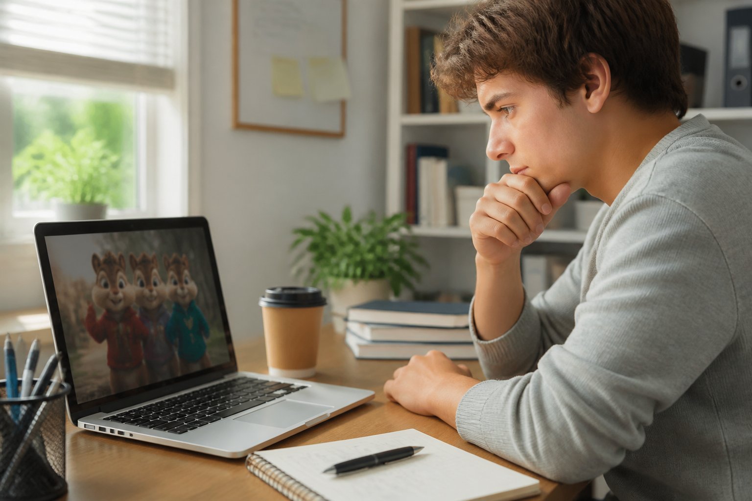 A young person sitting at a desk looking thoughtfully at a laptop in a bright home office.
