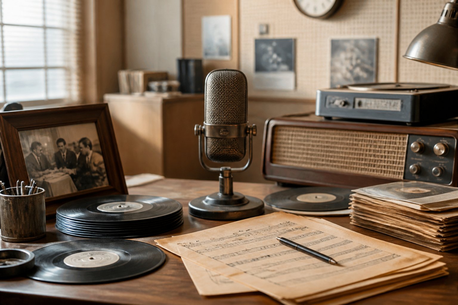 A vintage 1950s workspace with a classic microphone, vinyl records, and retro radio equipment on a wooden desk.